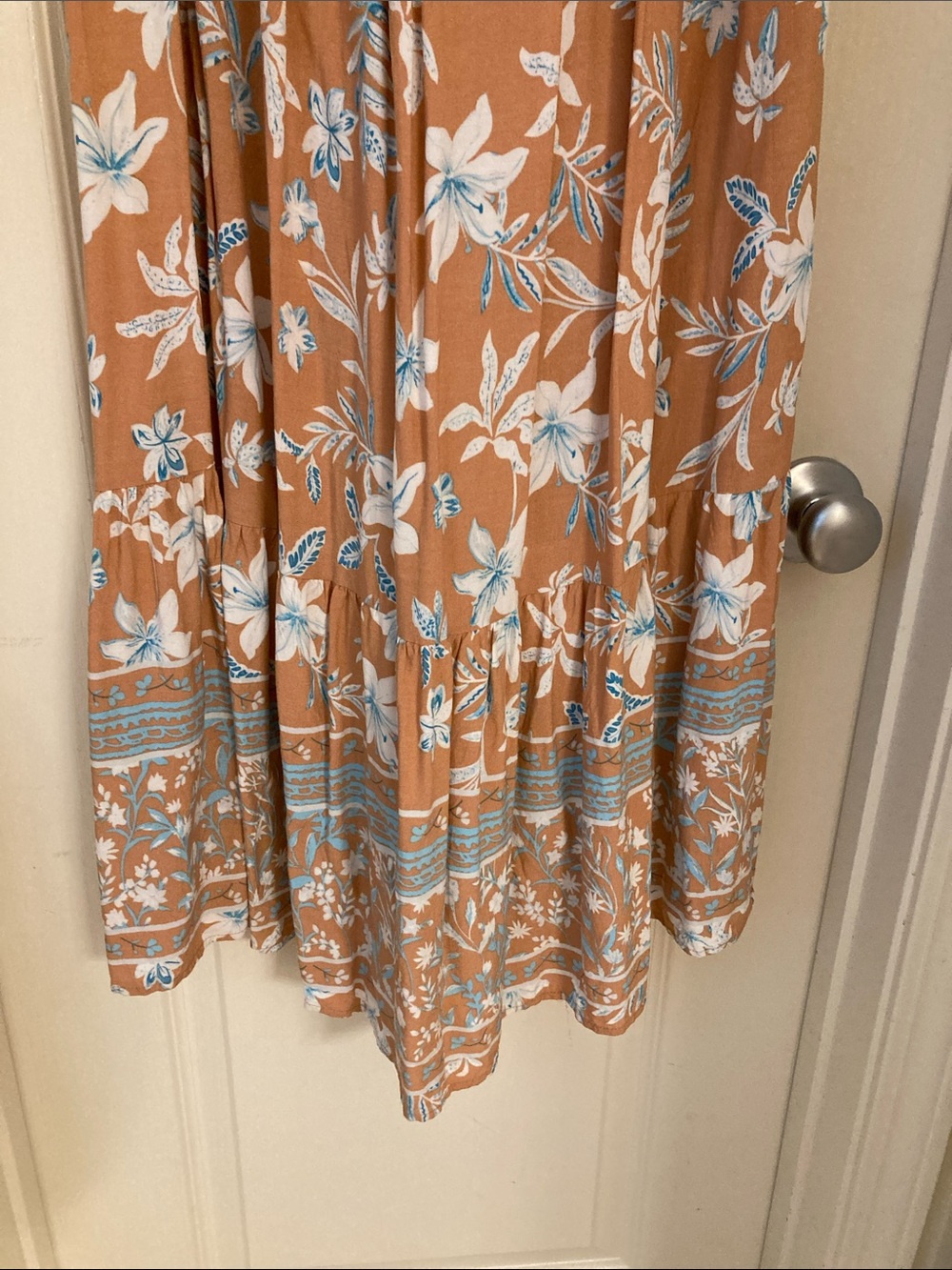 Boho Floral Maxi Skirt in Camel with White & Light Blue Print - Picture 14 of 14